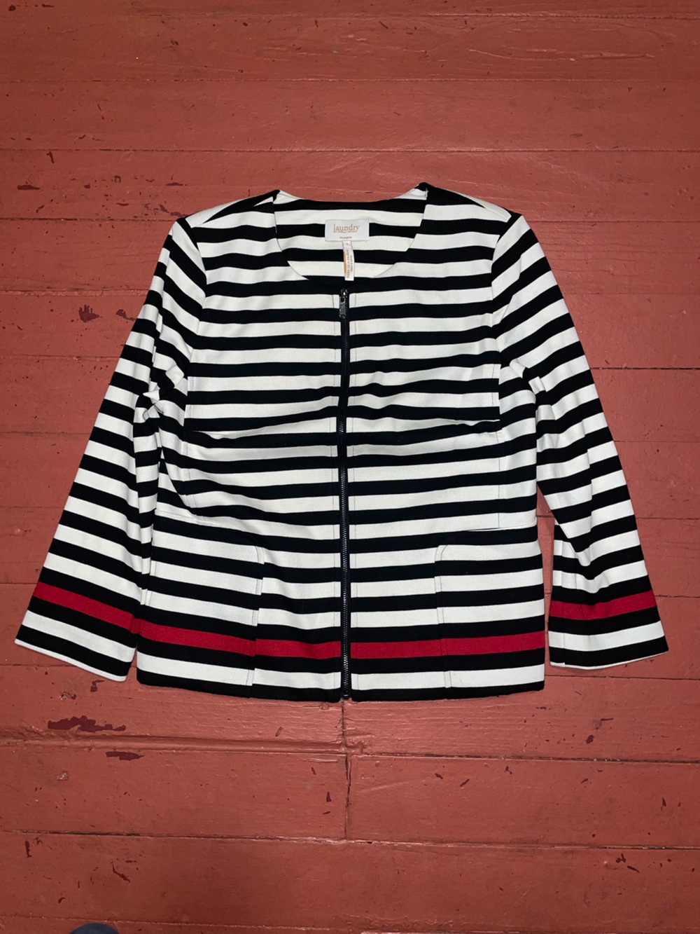 Laundry By Shelli Segal Black & White Striped Jacket with Red Trim